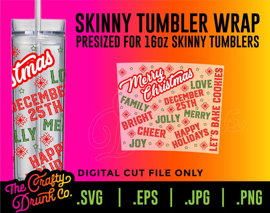 Christmas Words Skinny 16oz Tumbler Wrap - TheCraftyDrunkCo