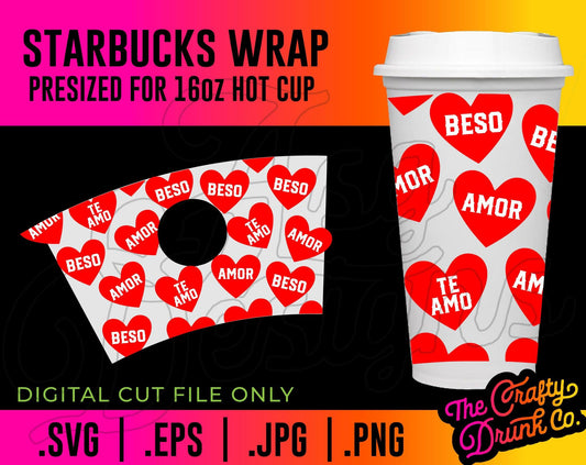 Valentines Spanish Conversation Hearts Hot Cup Wrap - TheCraftyDrunkCo