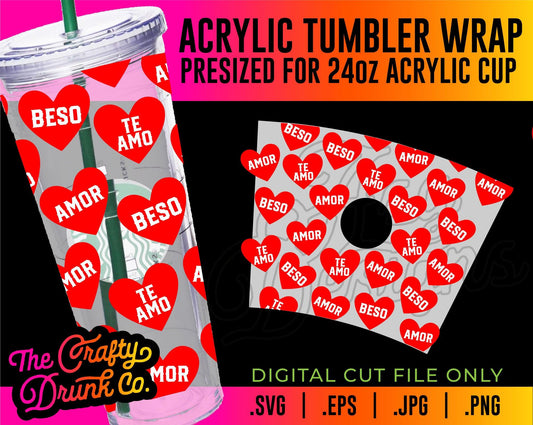 Valentines Spanish Conversation Hearts Acrylic Tumbler Wrap - TheCraftyDrunkCo
